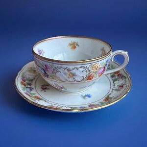 Schumann Germany Empress Dresden Flowers Flat Teacup & Scalloped Edge Saucer